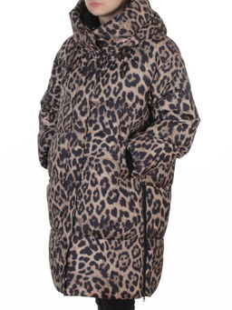 8892 BROWN/LEOPARD Куртка зимняя женская оверсайз с вшитой жилеткой (200 гр. холлофайбер)