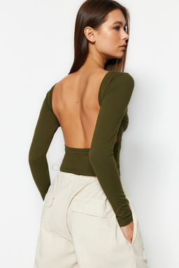 Haki Derin S?rt Dekolteli Fitted/Vucuda Oturan Pamuklu Esnek Orme Bluz TWOAW24BZ00173