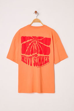 TRENDYOL MAN Somon Oversize/Genis Kesim Kabaran Bask?l? %100 Pamuk T-Shirt TMNSS25TS00131 - Trendyolmilla фото 5
