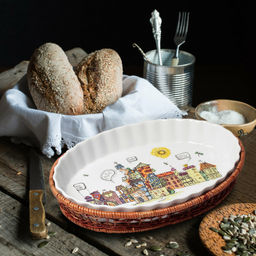 Форма керамическая для запекания 2.1л (33*24*4.5см) овальная с ротанговой корзинкой (6300) /KAMILLE/