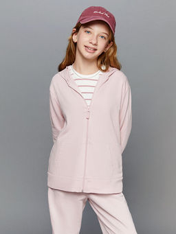 Kap??onlu Basic Uzun Kollu K?z ?ocuk Fermuarl? Sweatshirt