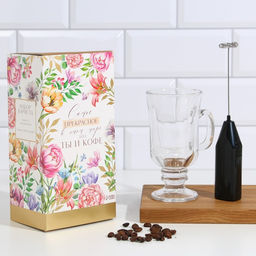 Подарочный набор кружка 200 мл, капучинатор от батареек Цветы