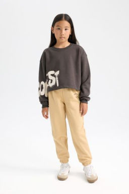 K?z Cocuk Standart Fit Beli Pacas? Lastikli Bask?l? Jogger Esofman Alt?