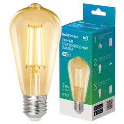 LED-ST64-7W/SW/E27/230V/WF GLS82GO Умная лампа светодиодная Wi-Fi+Bluetooth, диммируемая. Форма "конус", золотистая. Стеклянная колба. 2700-6500K. Голосовое управление+приложение UnielSmart. TM Uniel