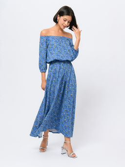 Платье синего цвета длины миди с принтом и пышными рукавами - 1001dress фото 3