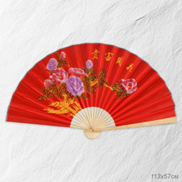 Веер 63 см бамбуковая основа Красный с крупными цветками / 622-12 /уп 75/742905