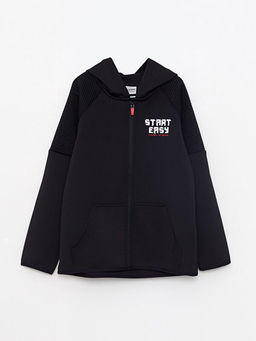 Kap??onlu Bask?l? Uzun Kollu Erkek ?ocuk Fermuarl? Sweatshirt