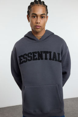 TRENDYOL MAN Antrasit Oversize/Genis Kesim Yaz? Nak?sl? Ici Polar/S?cak Tutan Kapusonlu Sweatshirt TMNAW25SW00180 - Trendyolmilla фото 2