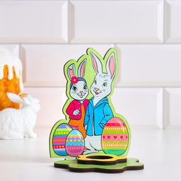 Цена за 2 шт. Подставка для яйца пасхальная Кролики, фанера, разноцветная