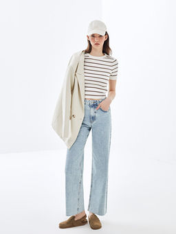 Bisiklet Yaka ?izgili K?sa Kollu Kad?n Triko Kazak