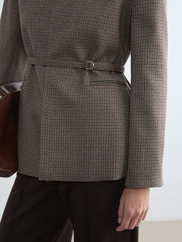 Kemerli Ekose Kad?n Blazer Ceket