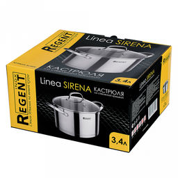 Кастрюля из нержавеющей стали "Sirena" 3,4л, д20см, h11см, s3,6мм, дно s0,6мм, индукционное дно д19,5см, стеклянная крышка, ручка из нержавеющей стали, многослойное капсулированное дно, мерная шкала, цветная коробка, "Regent (Китай)