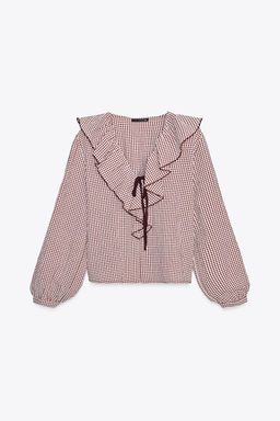 GINGHAM CHECK RUFFLED BLOUSE - Zara фото 4
