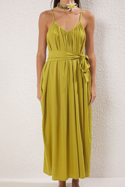 Koyu Yag Yesili Dokuma Buzgulu Maxi Plaj Elbise TBESS25EL00086