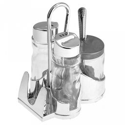 Набор для специй 4 предмета: солонка 40мл, д3,2см h9см, перечница 40мл, д3,2см h9см, горчичница 70мл, д4,6см h6см, с крышкой нерж., с ложкой нерж. 10,3см, салфетница, на подставке 10х7,6х13см, стекло/пластик под хром цветная коробка (Китай)