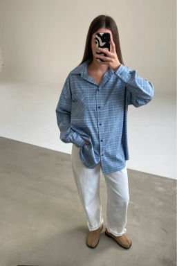 Рубашка в клетку с карманом Ледяной голубой - Erist store фото 5