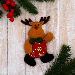 Цена за 2 шт. Подвеска мягкая на ёлку Олень в костюмчике с узором 712 см, красная