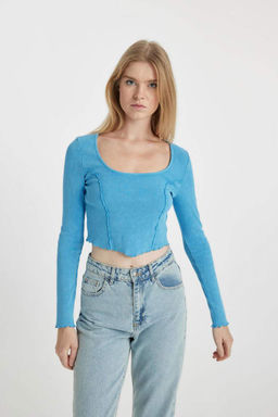 Крутая приталенная футболка в рубчик с длинными рукавами - Defacto фото 7