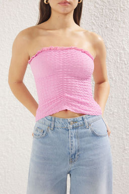 Siyah Dokulu Fitted/Vucuda Oturan Crop Buzgu/Drape Detayl? Straplez Esnek Orme Bluz TWOSS25BZ00004 - Trendyolmilla фото 9