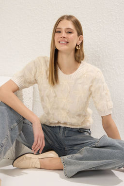 Trendyolmilla Ekru Tul Gul Desenli Triko Orta Bluz TWOAW25BZ00321