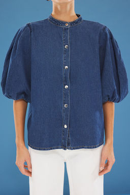 TRENDYOLMILLA Mavi Volanl? Balon Kollu Hakim Yaka Denim Gomlek TWOSS25GO00114  фото 3