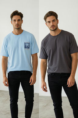TRENDYOL MAN Mavi-Antrasit Oversize/Genis Kesim 2li Paket Bask?l?-Duz %100 Pamuk T-Shirt TMNSS25TS00212 - Trendyolmilla фото 12