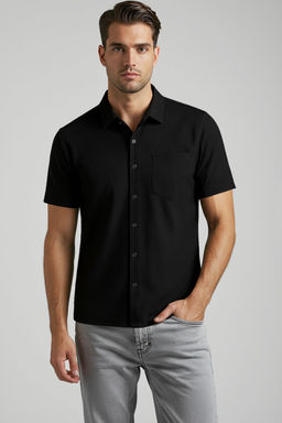 TRENDYOL MAN Siyah Regular Fit Dusuk Omuz Esnek Rahat Dokulu Orme Kumas Gomlek TMNSS25GO00013