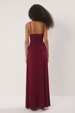 Bordo Gul Detayl? Orme Maxi S?k Abiye Gece Mezuniyet Elbisesi TPRSS25AE00180