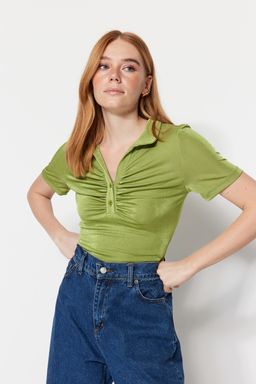 Yesil Parlak Yuzeyli ve Yumusak Dokulu Polo Yaka C?tc?tl? Orme Body TWOSS23BD00059