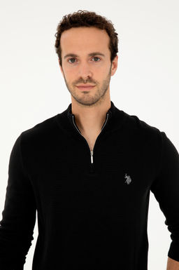 Erkek Slim Fit Yar_m Fermuarl_ Siyah Basic Kazak