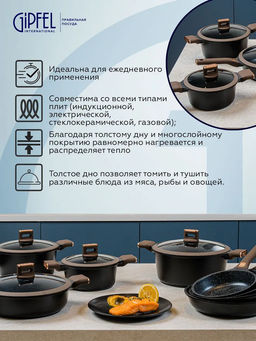 52658 GIPFEL Кастрюля TAURUS 20х9,5см/2,2л со стеклянной крышкой, из литого алюминия с индукционным дном, с мраморным антипригарным покрытием Whitford QuanTainium, c бакелитовой ручкой с покрытием Soft-touch. Толщина: 1,8/4,5мм