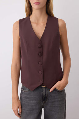 Koyu Kahverengi Fitted Dugmeli Crop Dokuma Yelek TWOSS21YE0009