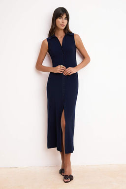 Lacivert Bodycon Gomlek Yaka Dugmeli Kolsuz Maxi Esnek Orme Elbise TWOSS26EL00265