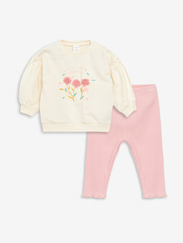 Bisiklet Yaka Uzun Kollu Bask?l? K?z Bebek Sweatshirt ve Tayt 2li Tak?m