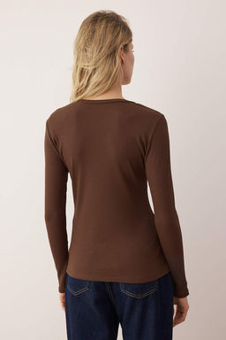 Kahverengi Fitilli Esnek Uzun Kollu Bisiklet Yaka Orme Bluz TWOAW26BZ00313