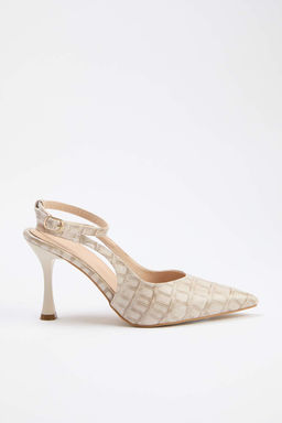 Bej Kroko Desenli Sivri Burun Kad?n 9 cm Ince Topuklu Ayakkab? TAKSS25TO00082