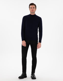 Lacivert Slim Fit Y_n Kar___ml_ Yar_m Bal_k__ Yaka Basic Triko Kazak
