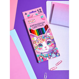 Карандаши цветные Комус Класс Kitty stickers 12 цв, 3мм, трехгранные, дер  фото 6