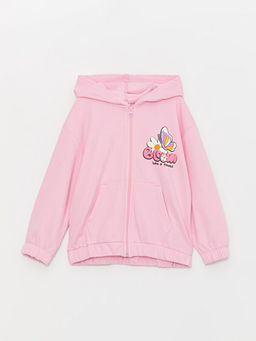 Kap??onlu Bask?l? Uzun Kollu K?z ?ocuk Fermuarl? Sweatshirt