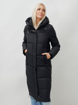 Пальто утепленное стеганное зимнее с капюшоном женское черного цвета 9608Ch - Mtforce фото 17