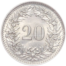 Монета 20 раппенов 1953 года Швейцария