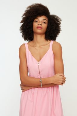 Pembe Skater/Belden Ac?lan Fermuar Detayl? Midi Astarl? Dokuma Elbise TWOSS20EL2208 - Trendyolmilla фото 3