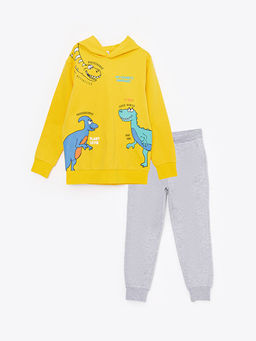 Kap??onlu Bask?l? Uzun Kollu Erkek ?ocuk Sweatshirt ve E?ofman Alt?