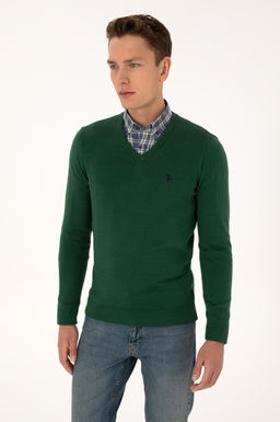 Erkek Slim Fit V Yaka Koyu Ye_il Basic Triko Kazak