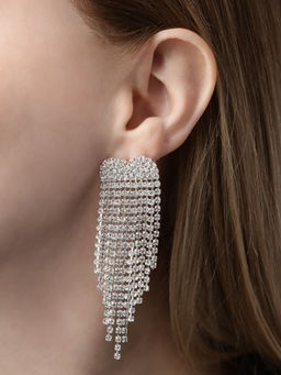 Серьги висячие со стразами Вечное сияние сердечки, белые в серебре