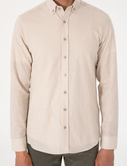Bej Keten G_r_n_ml_ Slim Fit Uzun Kollu G_mlek