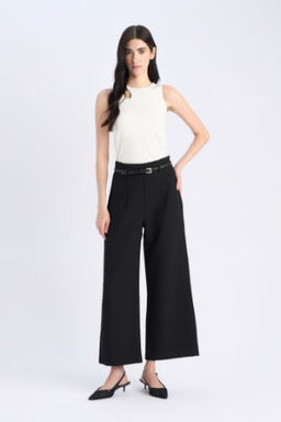 Culotte Yuksek Bel Duz Genis Cepli Paca Kumas Pantolon
