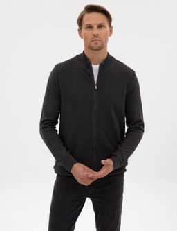 Koyu Antrasit Melanj Slim Fit Fermuarl_ Triko H_rka