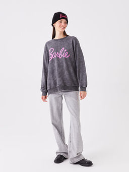 Bisiklet Yaka Barbie Bask?l? Uzun Kollu Oversize Kad?n Sweatshirt