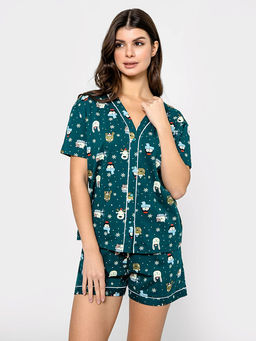 Комплект женский (джемпер, шорты) зеленый с принтом зверята - Mark formelle фото 3